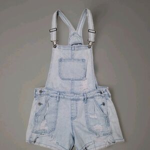 Hollister Light Blue Denim Short Overalls with Metal Hardware